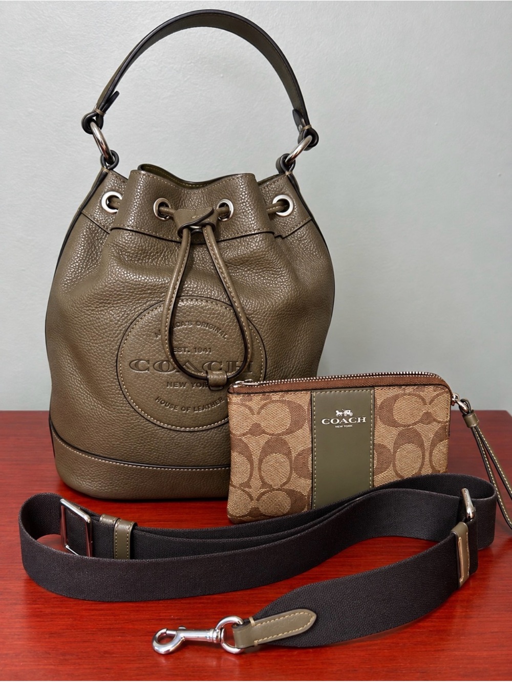 COACH Leather Bucket Bag + Crossbody Strap & Signature Wristlet Set